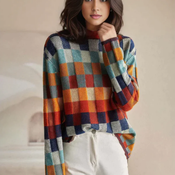 Tove | Bunter Rollkragenpullover mit Patchwork-Strickmuster